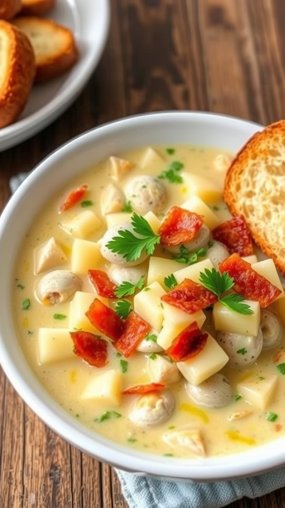 A delicious bowl of clam chowder with clams, potatoes, bacon, garnished with parsley, on a rustic table with bread.